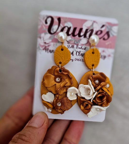 Mustard Florals & Pearl Dangles