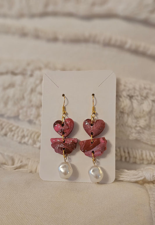 marbled pink heart and pearl dangle