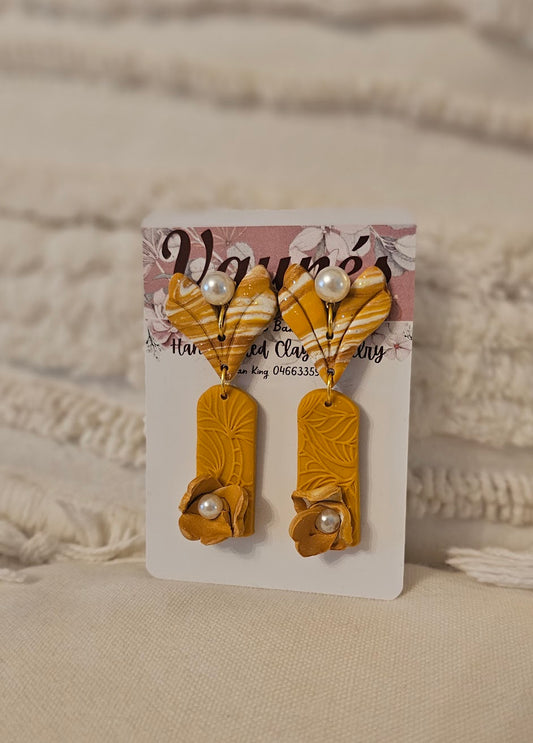 Marbled Mustard & floral with pearl studs
