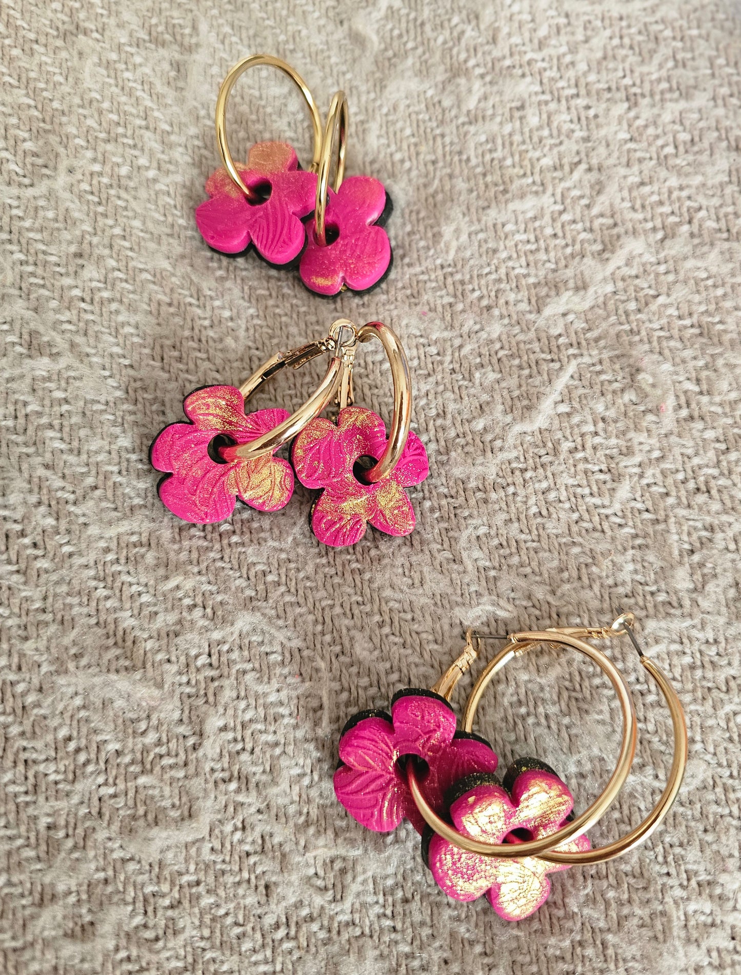 Fluro & Gold Magenta flower hoops